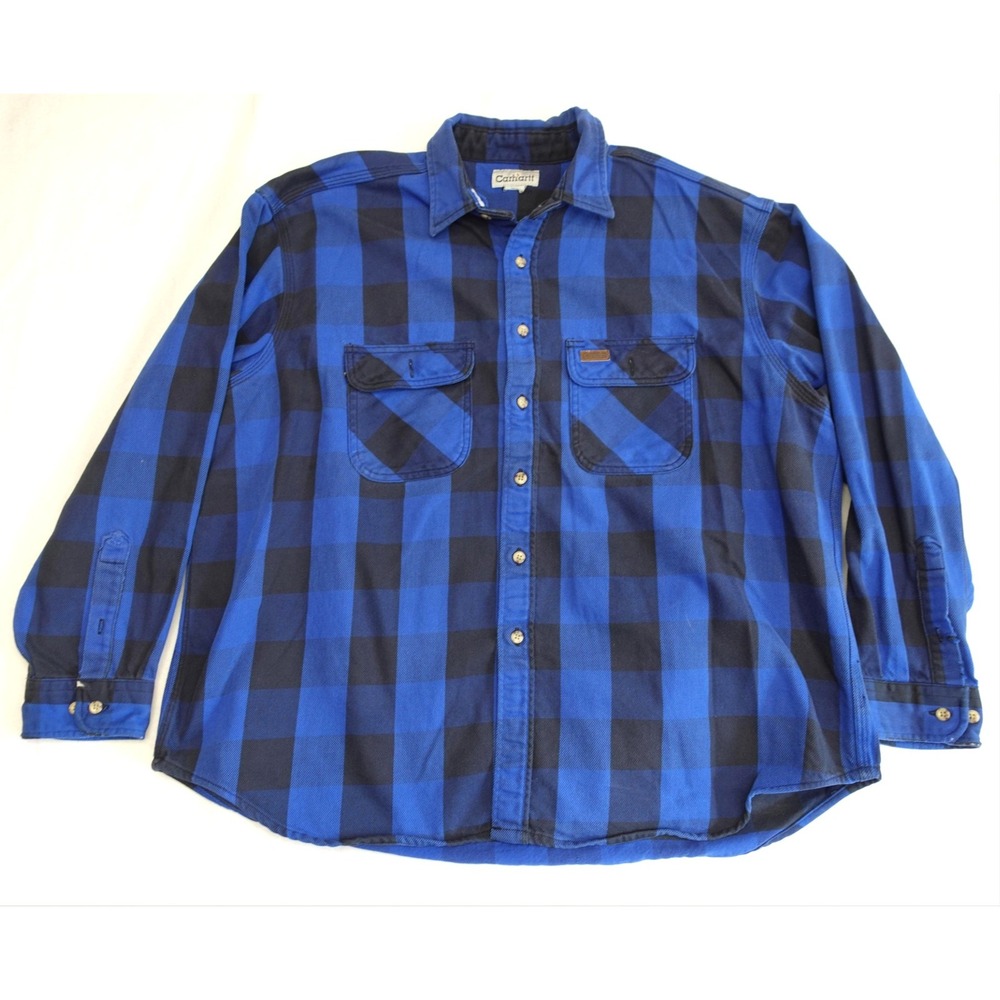 Carhartt Shirt Mens L Blue Plaid Long Sleeve Button Up Lined Workwear Twill